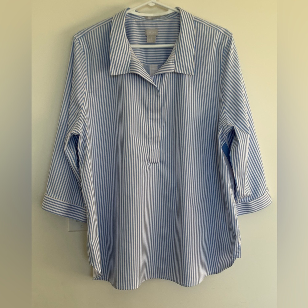 Chicos No Iron Stretch Blue Striped Button Back Blouse Tunic Top 3/4 Sleeve XL